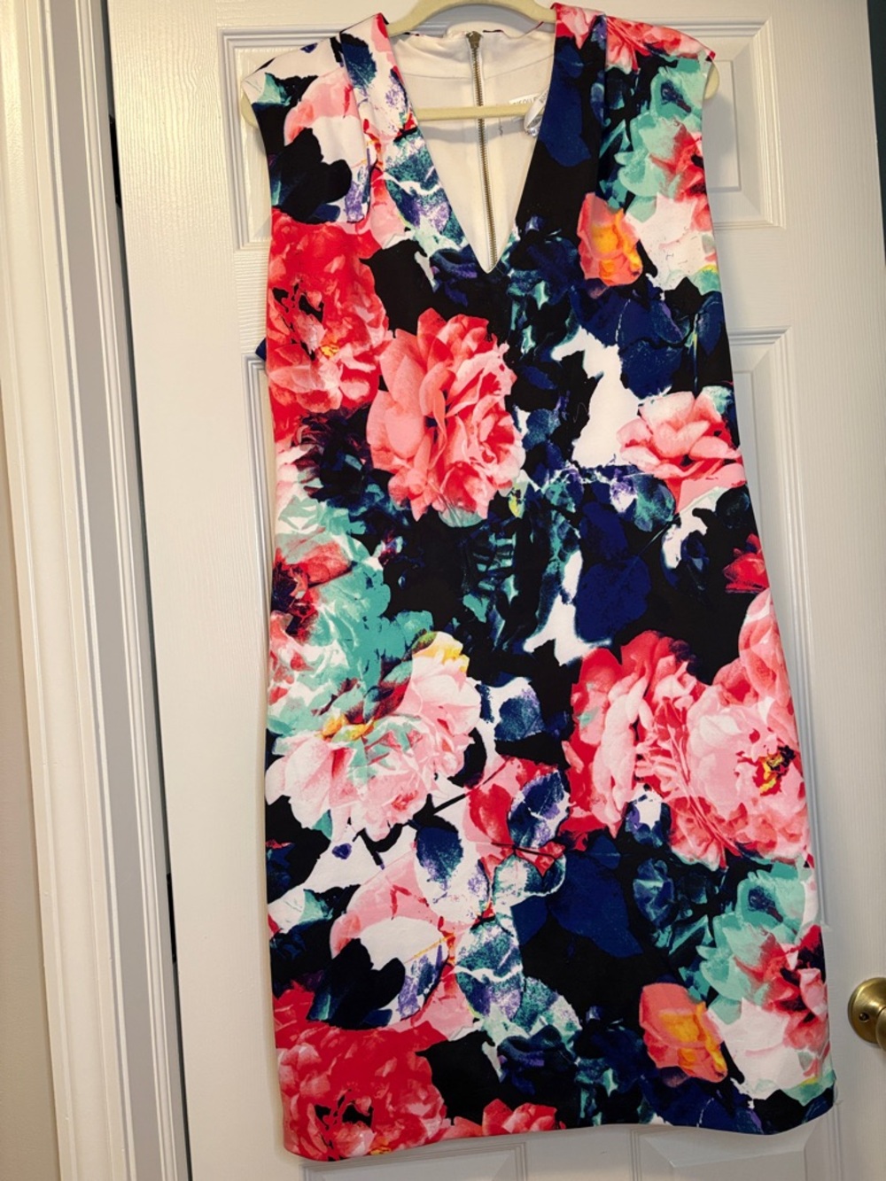 Bisou Bisou V-Neck Midi Dress with Pink, Navy, Teal Floral Print